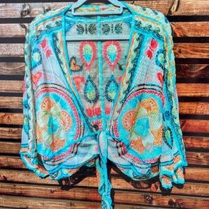 Embroidered Sheer Tie-Front Kimono - Turquoise Multi